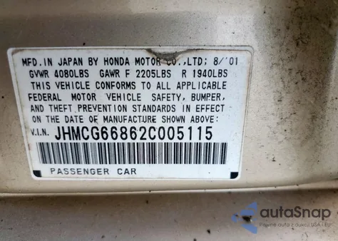 2002 Honda Accord Ex из США, поврежденный, VIN JHMCG66862C005115